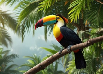 Fototapeta premium Colorful toucan bird on a coconut tree branch with leaves, woodsy landscape, forest floor