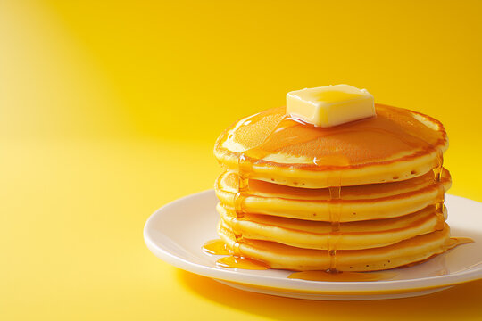 Fluffy pancakes stacked high with melted butter and syrup on a bright yellow background