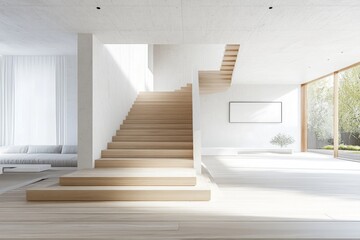 Obraz premium Bright white space showcases modern geometric stairs, with natural light enhancing the minimalist design and open layout for a stylish atmosphere