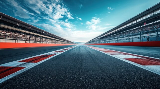 Spectacular wide angle view showcasing an empty asphalt international race track under a bright blue sky with scattered clouds