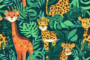Pattern with cartoon giraffes, leopards and tigers in bright jungle shades, patterns
