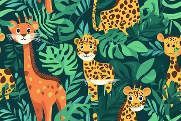 Pattern with cartoon giraffes, leopards and tigers in bright jungle shades, patterns