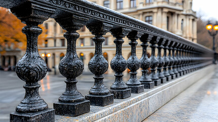Ornate railing, city backdrop, autumn day, travel photo