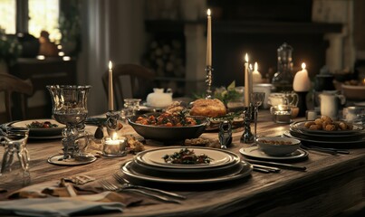 Rustic dinner table set with gourmet dishes, soft candlelight, and elegant tableware, styled to evoke warmth and sophistication
