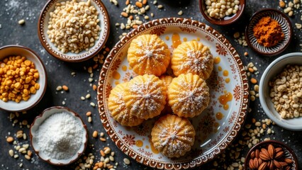 Traditional middle eastern pastries with nuts and honey decorated on a ceramic plate