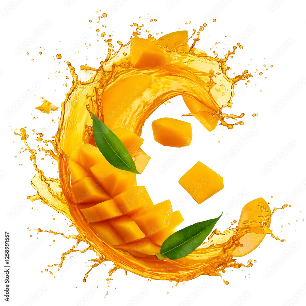 Aufkleber juice splash in abstract shape with fresh mango pieces