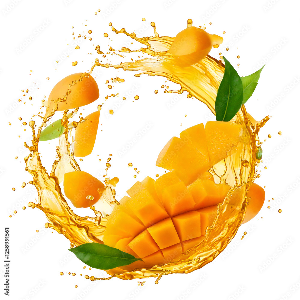 Aufkleber Juice splash in abstract shape with fresh mango pieces 