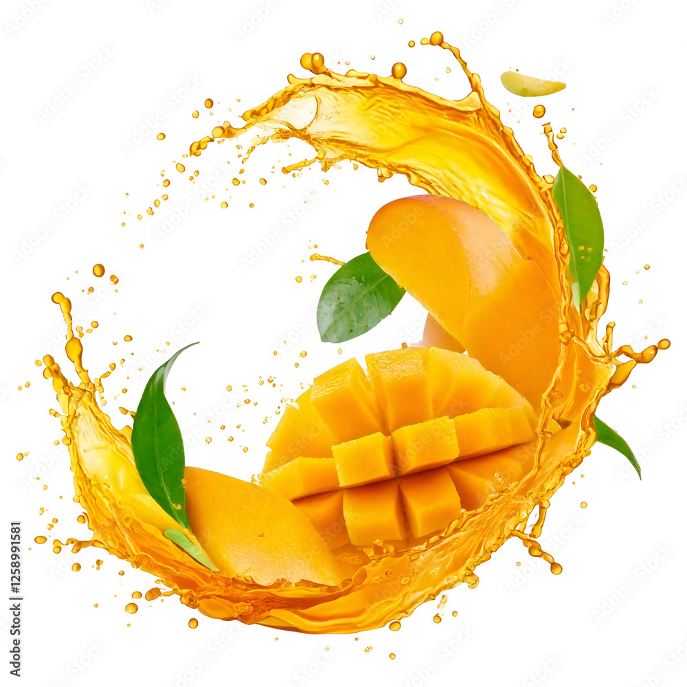 Aufkleber Juice splash in abstract shape with fresh mango pieces 