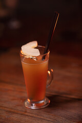 Beautiful photo of cocktail food. A bright juicy cocktail is on the table in the restaurant. Professional food photography