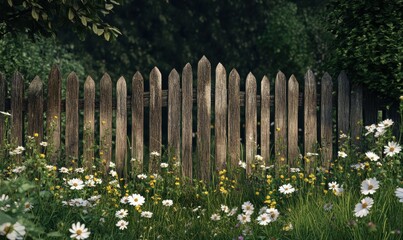 Naklejka premium Rustic fence surrounded by lush greenery and wildflowers, styled to capture a peaceful and nostalgic countryside scene