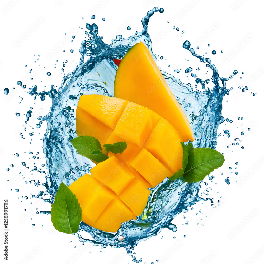 Aufkleber water splash in abstract shape with fresh mango pieces