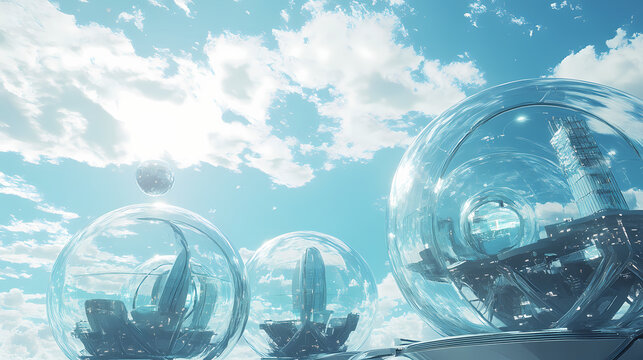 Futuristic glass spheres under a bright sky; architectural design, utopian landscape. Glass Domed Utopias. Illustration
