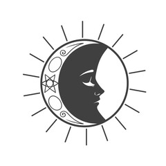 Sun and moon celestial art. Sun and moon logo concept. Black and white illustration
