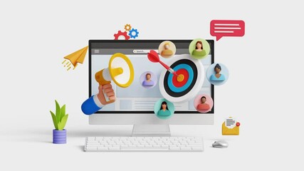 CRM, Customer relationship management concept. Customer target concept. Refining marketing strategies. 3D computer screen with megaphone and targeted audience on white background. 4K 3D animation