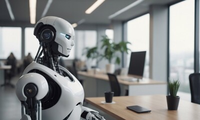 Advanced Robot Assistant Working in a Modern Office With Large Windows and Greenery on the Desk