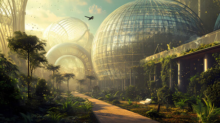 Obraz premium Sustainable future in a glass dome: a glimpse into an eco-friendly utopia. Glass Domed Utopias. Illustration