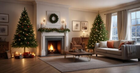 Cozy living room with a Christmas tree and fireplace , festive holiday atmosphere, family holiday gathering