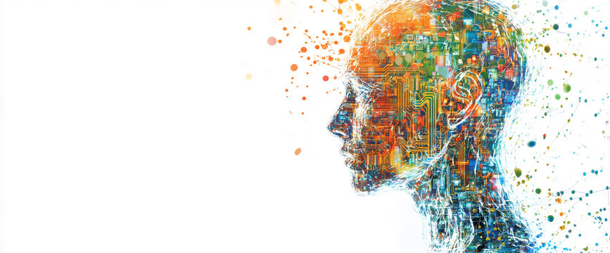 A digital illustration of a human profile with a network of circuits and vibrant colors, symbolizing the intersection of technology and human consciousness, innovation, and artificial intelligence.