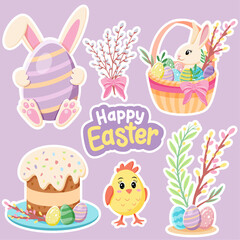 Fototapeta premium Large Lavender Easter Stickers with Bunny, Eggs, and Holiday Icons