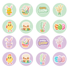 Round Easter Sticker Collection with Pastel Colors and Holiday Elements