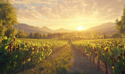 Sunrise over a vineyard, golden light spilling over rows of grapevines, creating a serene and picturesque countryside scene