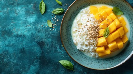 Delicious Thai mango sticky rice with coconut cream and sesame on a turquoise table
