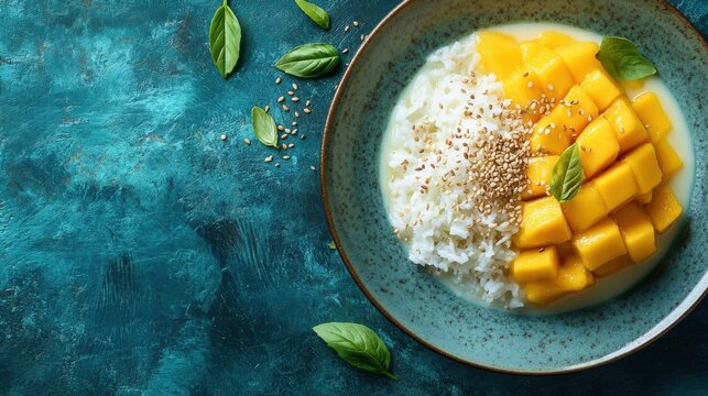Delicious Thai mango sticky rice with coconut cream and sesame on a turquoise table