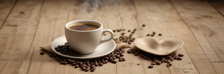 Fototapeta premium Cup of espresso with heart smoke design, coffee beans on textured burlap, wooden backdrop, decoration, espresso shot