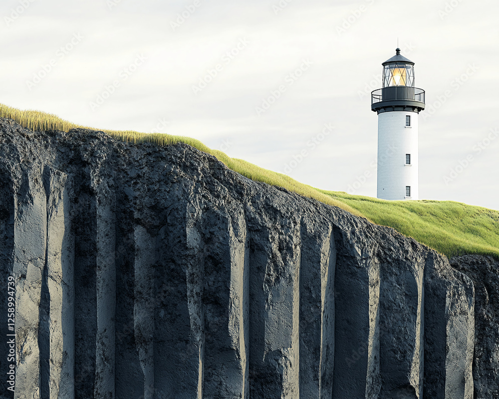 Poster a lighthouse standing on a rocky cliff surrounded by grass, overlooking the calm sea. this symbolize