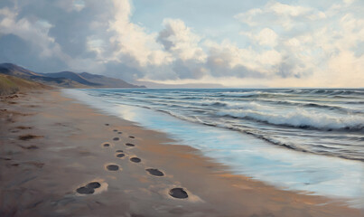 Deserted beach with footprints leading from the soft sand to a tranquil, serene ocean shoreline view