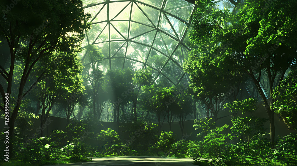 Poster Abandoned space colonies covered with alien vegetation. futuristic indoor forest with glass domes and natural light. Glass Domed Utopias. Illustration