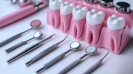 Professional dental cleaning toolkit arrangement with molar model isolated on white