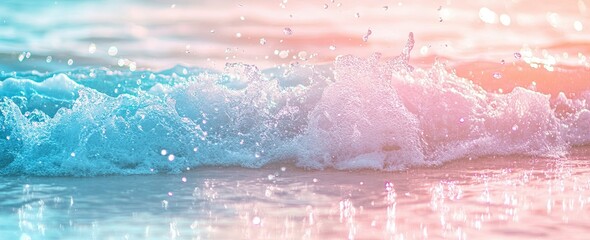 Fototapeta premium A picturesque summer scene with a sandy shore and azure waters, captured in close-up with a soft blur, providing plenty of space for text. Perfect for a travel or decoration banner template