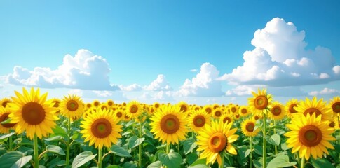 Obraz premium Vast sunflower field, blue sky, fluffy clouds, texture, sky, nature