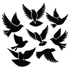 Fototapeta premium Black silhouette birds flying in various positions against a plain background depicting freedom and nature