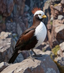 Fototapeta premium Dark brown plumage with a distinctive white forehead patch and a curved bill, perched on a rocky outcropping , wetland ecosystem, phalacrocorax penicillatus