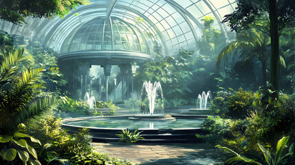 Futuristic botanical garden with glass domes and fountains surrounded by lush greenery. Glass Domed Utopias. Illustration