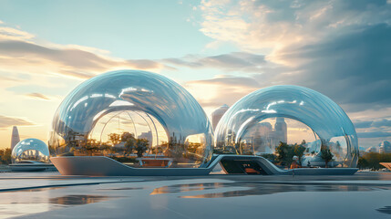 Futuristic city with large transparent domes, conceptual sci fi landscape. Glass Domed Utopias. Illustration