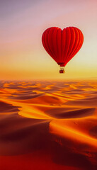 Fototapeta premium Heart-shaped hot air balloon over desert at sunset for Valentine's Day