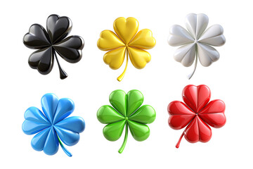  3d  Clover Leaves set isolated on a white background. Render soft round cartoon fluffy  Clover Leaves icon. Colorful Clover Leaves Isolated on Black Background