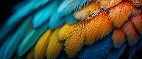 Obraz premium wide horizontal macro closeup background image of beautiful smooth finished natural bird feather texture with colorful and vibrant colour tones 
