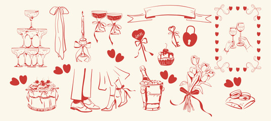 Hand drawn set for wedding, Valentine's day, engagement. Hearts, glasses of wine, desserts, bouquet of flowers, frame, bows, ribbons, champagne, rings. Romantic vector illustration.