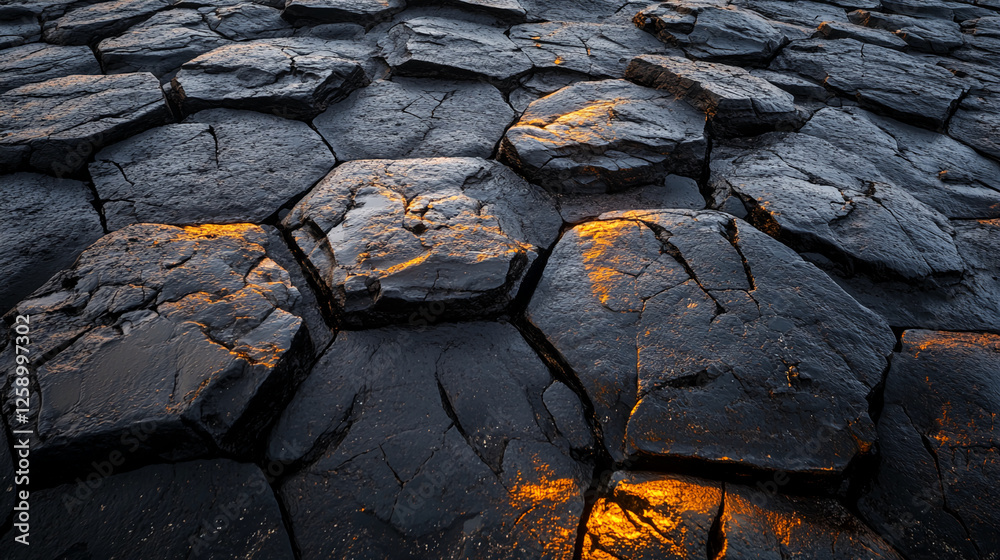 Aufkleber Close-up of wet black hexagonal stones with subtle light reflections on the surface, showcasing natural textures and geometric patterns, representing rugged landscapes and geological features.