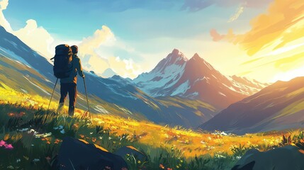 Hiker Backpacking Through Majestic Mountain Landscape at Sunrise