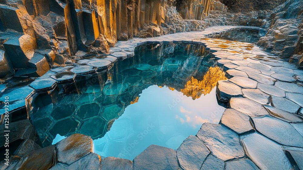 Aufkleber Close-up view of hexagonal basalt columns submerged in clear blue water, reflecting the surrounding rock formations, symbolizing natureâ€™s architectural beauty and geological wonders.