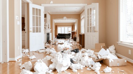 Messy house interior, unpacking boxes, relocation