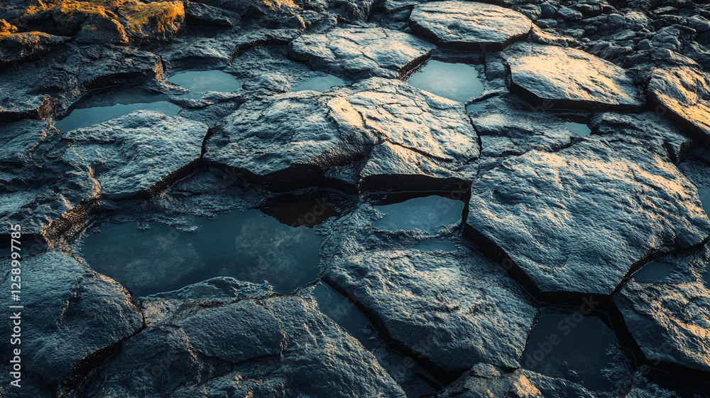 Poster close-up view of hexagonal basalt stones with small pools of water, illuminated by soft light, showc