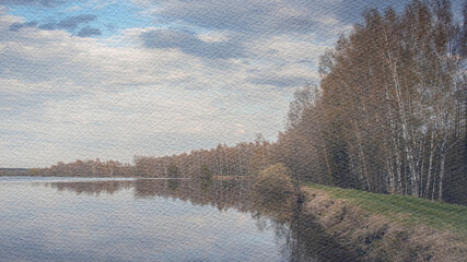 Painting of a lake with trees in the background