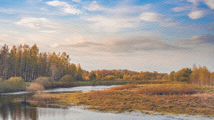 Painting of a river with trees and a cloudy sky