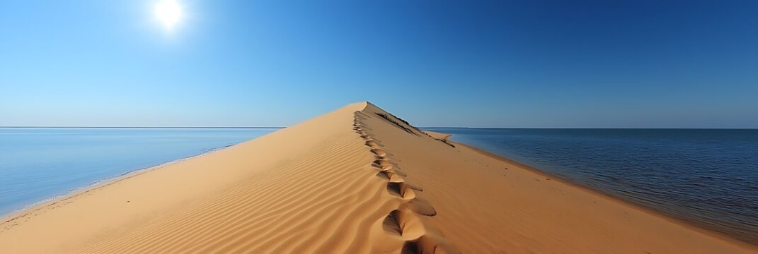 Sand dune creating a perfect curve with a single set of footprints leading over the crest under a bright sun